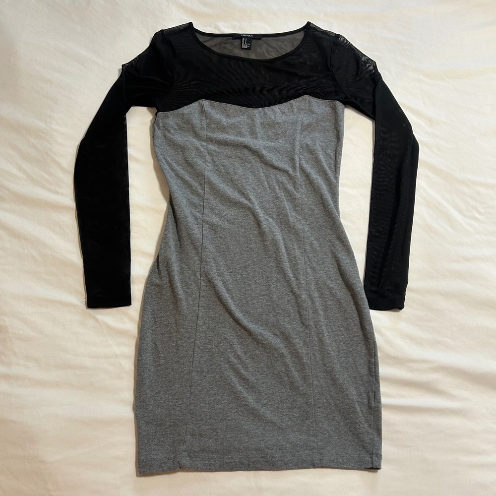 Forever 21 Womens Gray Black Mesh Long Sleeve Bodycon‎ Mini Dress Size S